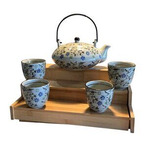 Tomoko Tea Set Pier1 Import Porcelain Hand Painted Floral 4 Cups TeaPot w Handle